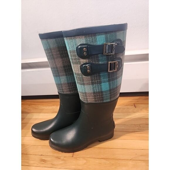 UGG Sabine Tall Women's Green Waterproof Rain Boots Plaid Shoes 6 - Picture 2 of 11